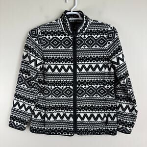 Talbots Jacket Women's Medium Nordic Print Full Zip Fleece Outdoor Black White